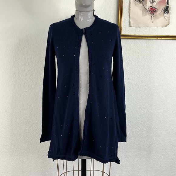Rani Arabella Sweaters - Rani Arabella Cashmere Fringe Open Front Swarovski Rhinestone Cardigan Loro Pian